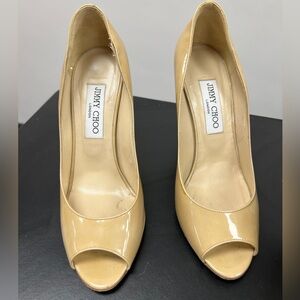 Jimmy Choo Nude Patent Leather Peep Toe Wedges Designer Heels, Size 37/7